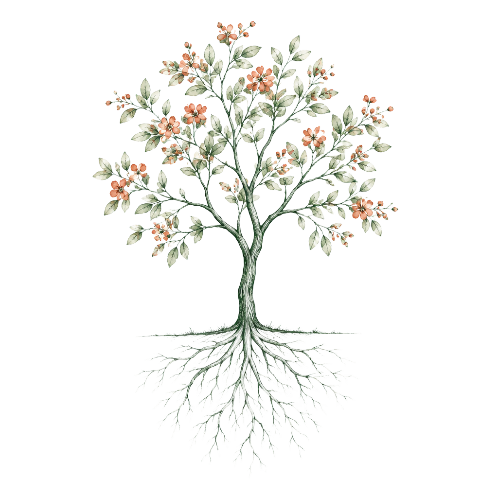 Ilustração de uma árvore com raízes visíveis e copo em flor